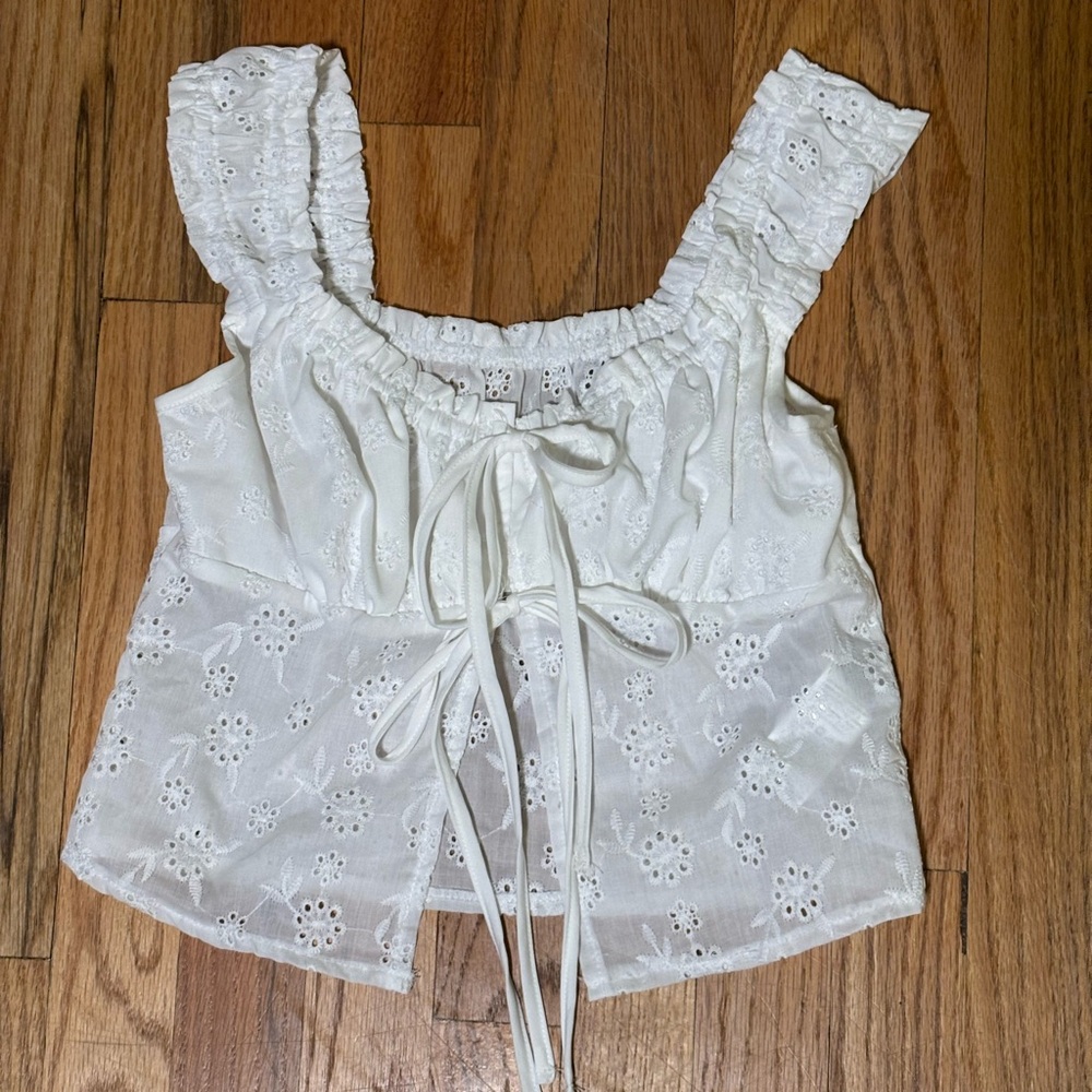 White Eyelet Lace Tie-Front Tank Top